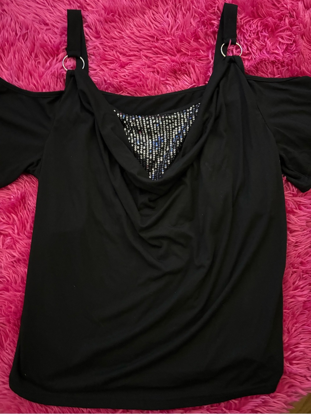 SHEIN Black Cold-Shoulder Drape Top with Rhinestone Panel